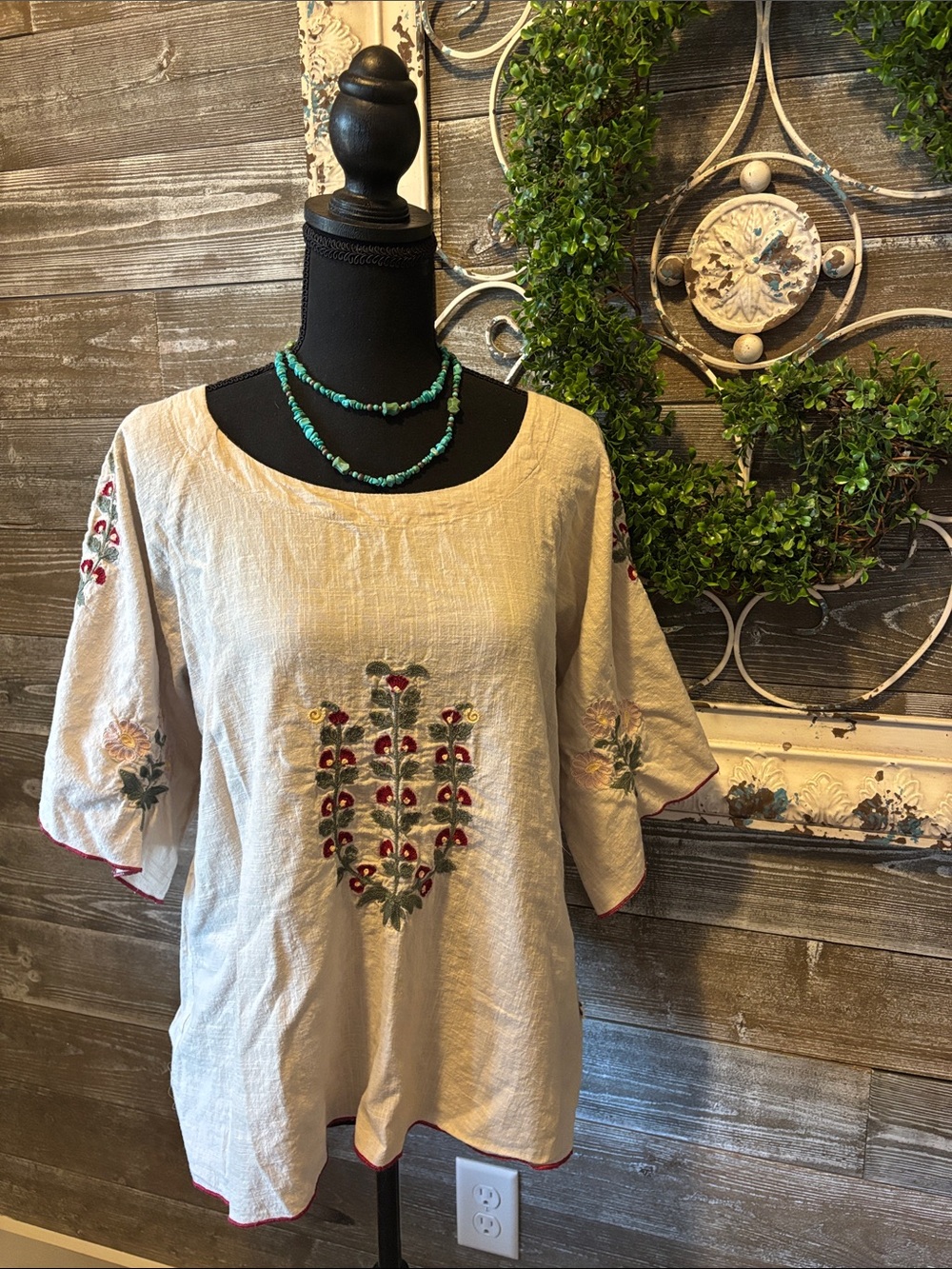 Embroidered (M) Women’s Cream Cotton Top with Floral Accents